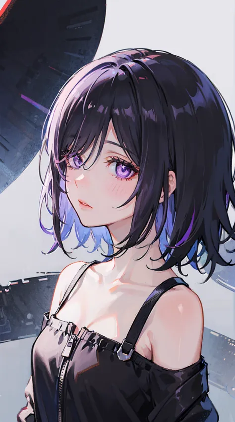 a close-up of a girl in a dark outfit with purple eyes, 1girl, solo, colored inner hair, (short black hair:1.2), (side view), lo...