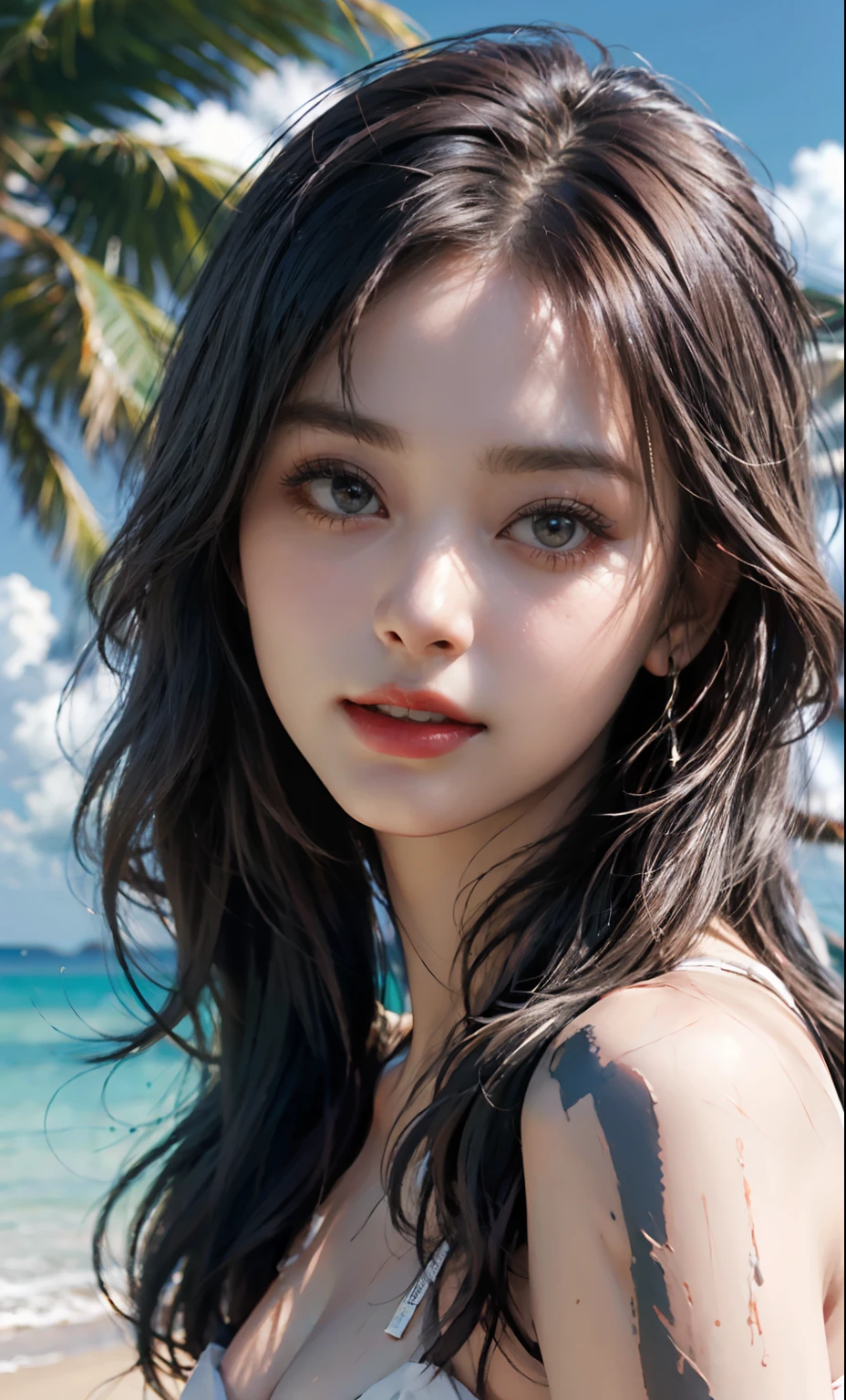 （RAW Photos：1.2），hightquality，Beautiful meticulous girl，sandbeach，beach side，coconut tree，above from，extremely detailed eye and face，beatiful detailed eyes，hugefilesize，hight resolution，8k wallpaper，Up to detail，Light on the Face，cinmatic lighting，16 year old girl，sexy  pose，（photo realisti：1.4），illustratio，Ultra-realistic realism，above from，super detailing， tmasterpiece， fishnets pantyhose， short detailed hair，Bigchest