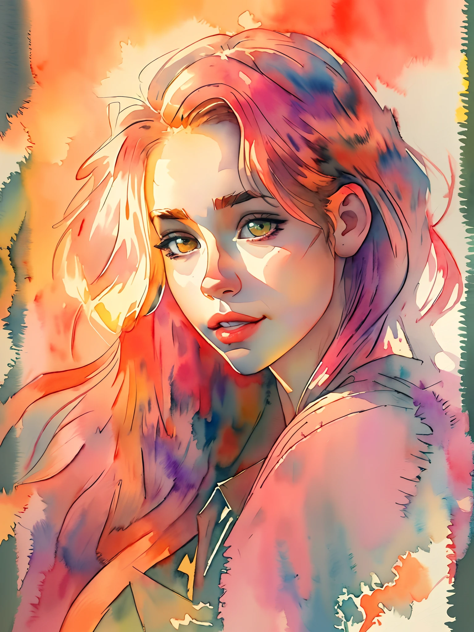 (16k, masterpiece:1.2),(best quality:1.5), (ultra highres:1.0), watercolor, a beautiful woman, 25-years-old, shoulder, hair ribbons, half body portrait, extremely luminous bright design, pastel colors, (ink:1.3), autumn lights, orange aura