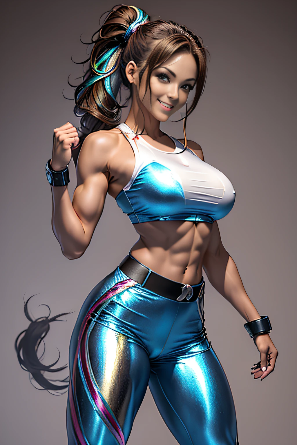 Arafe woman solo with ponytail hair、Fighting Game Fightetness Model、Big breasts about to burst、No exposed skin、Metallic Light Rainbow Combat Suit、thin and long legs,、Fitness Body Shape、half-pants、White belt、Pose ready to fight、Mischievous smile