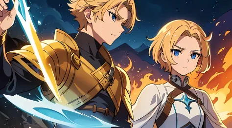 masterpiece, In a world where magic and technology exist side by side, a young man (blonde hair color, short hair) sets out on a journey to hone their skills and uncover the secrets of their powers, beautiful eyes finely detailed, angry facial expression. ...