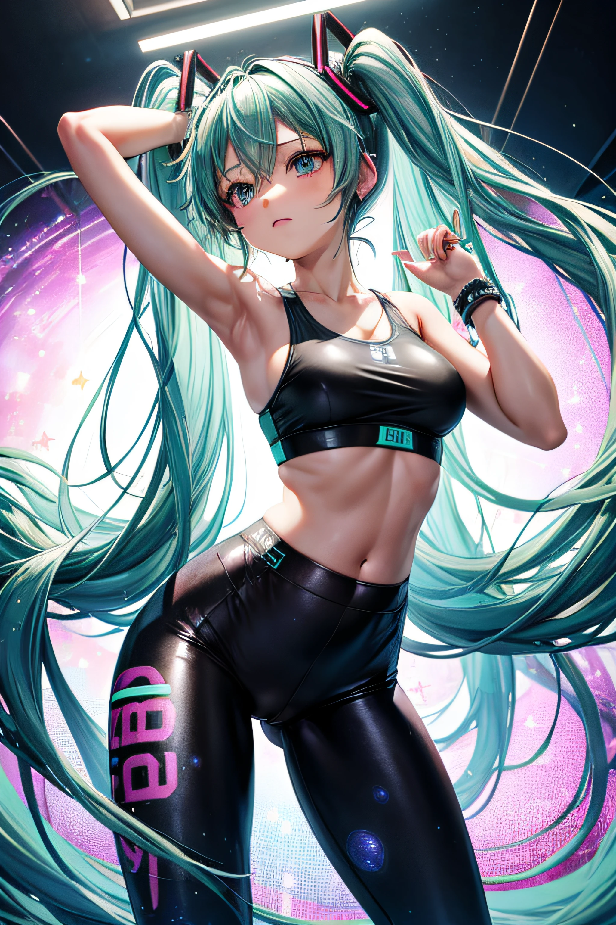 hatsune miku getting breasts grabbed, wearing tight galaxy print leggings with a cameltoe, medium breasts, wearing a galaxy print sports bra