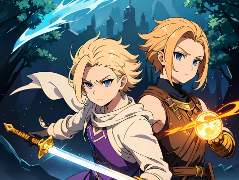 masterpiece, In a world where magic and technology exist side by side, a young man (blonde hair color, short hair) sets out on a journey to hone their skills and uncover the secrets of their powers, beautiful eyes finely detailed, angry facial expression. ...