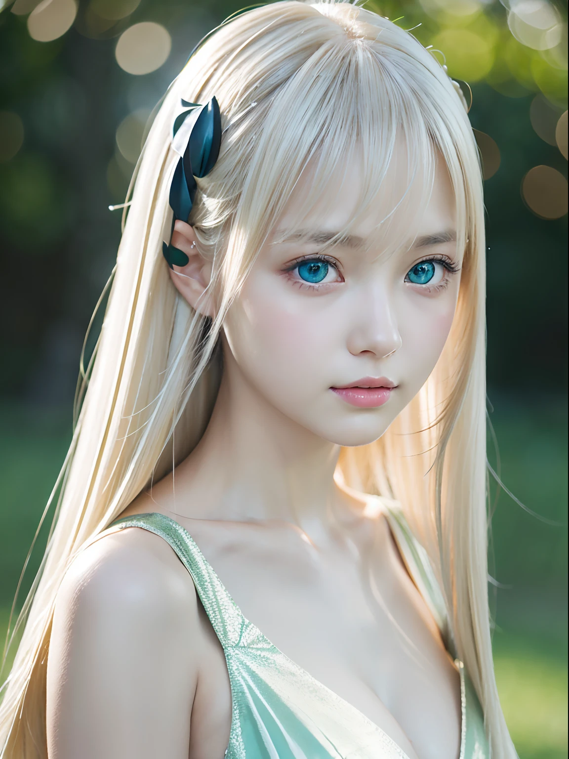 masutepiece, Best Quality, Photorealsitic, Ultra-detailed, finely detail, hight resolution, 8k wallpaper, RAW color photo, Professional, high level of detail, 13-year-old beautiful girl、Very cute face、((Dazzling platinum blonde super long straight silky hair)) long bangs between eyes、Pretty Face、foco nítido, awardwinning photo, (Emerald green dress), (cleavage of the breast), (Facing the front), (Look at viewers), Small light, Low contrast, Facial symmetry, depth of fields, Cinematic background, central image, Lights up softly, (finely detailed skin), White-colored skin, glowy skin、Gloss Face、Teak Gloss、Realistic skin texture, Extreme skin details、Bright pale marine blue eyes、Small face beauty、big eye、with round face、Young features、