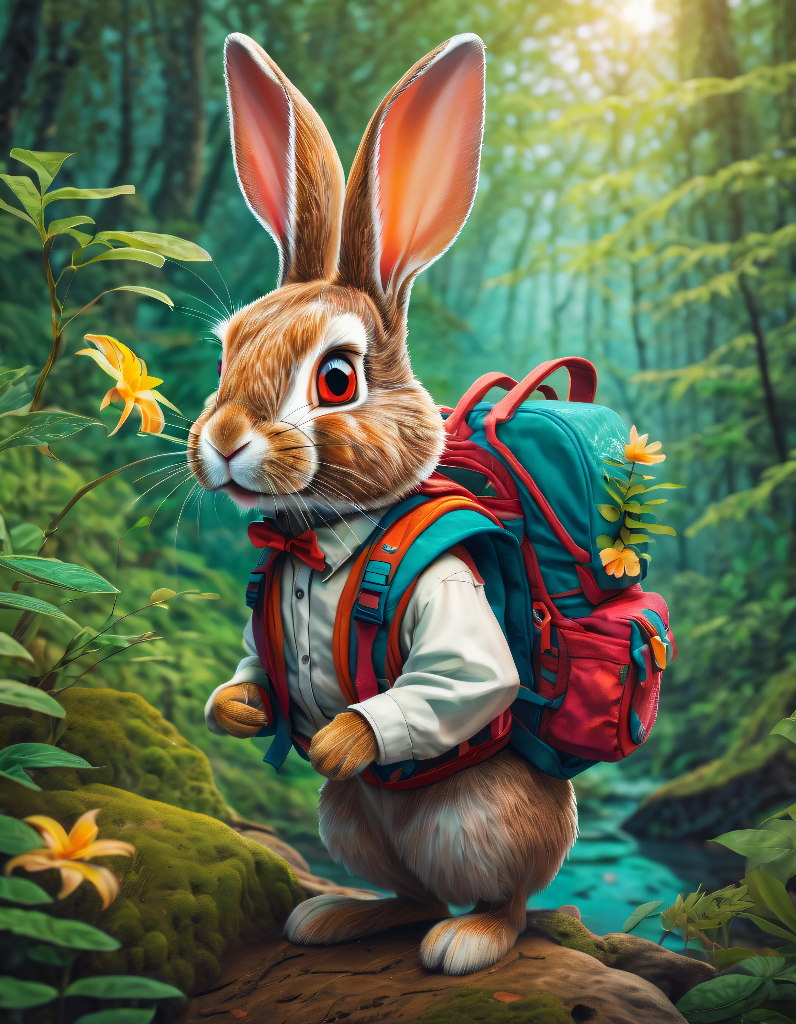 一只爱冒险的兔子，配有背包和双筒望远镜, 探索多样化的自然栖息地. 这幅作品展现了兔子对大自然的好奇心和热爱, 因为它沉浸在不同的生态系统中. 鲜艳的色彩和复杂的细节的使用增加了艺术品的深度和视觉趣味, 唤起对自然世界之美的敬畏和欣赏. 由著名数字艺术家 James Gurney 创作