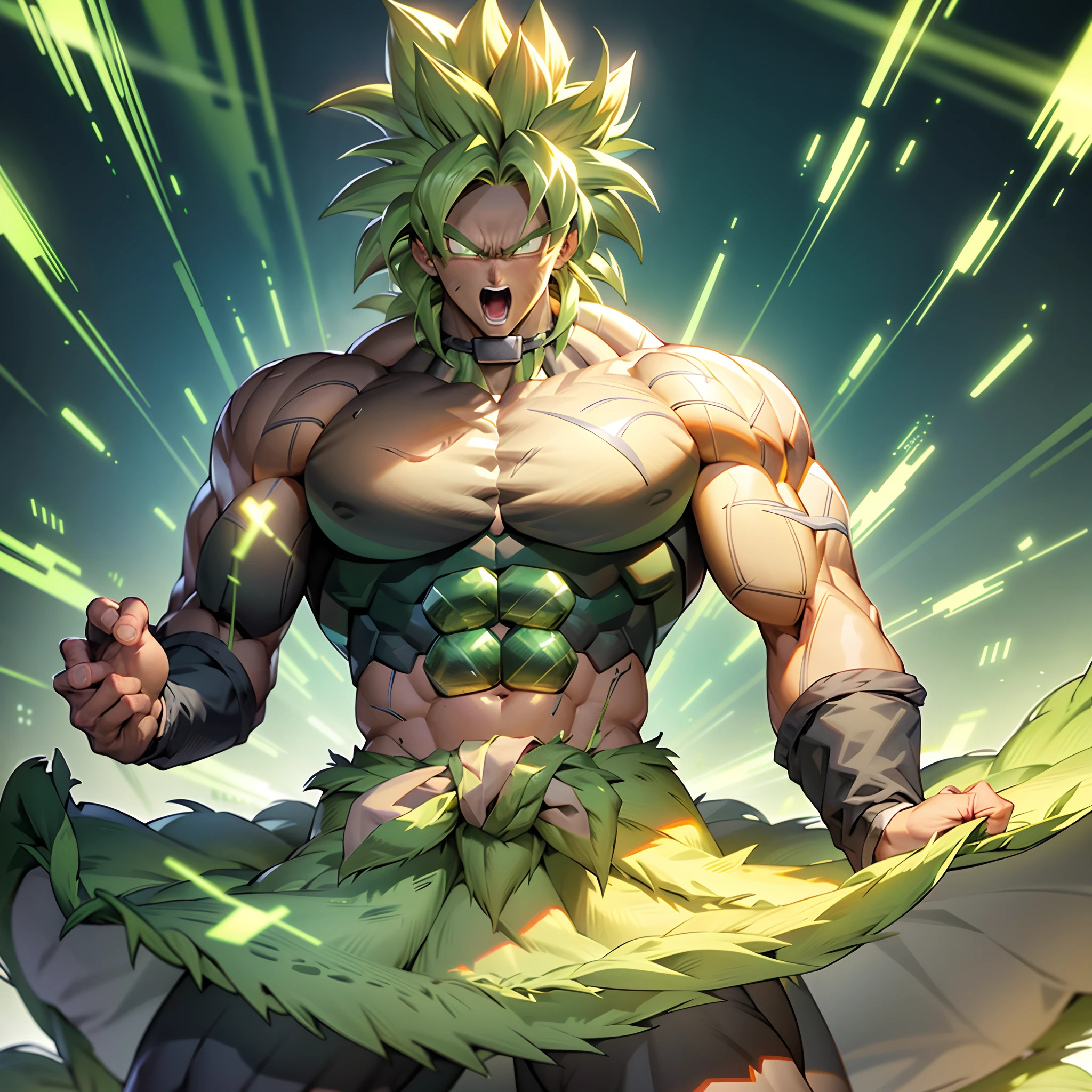 Broly transforming into the Legendary Super Sayan surrounded by green Aura  and lightning full body shot big muscles charging up power, 4k, Green Hair,  yellow Pupils, high details - SeaArt AI