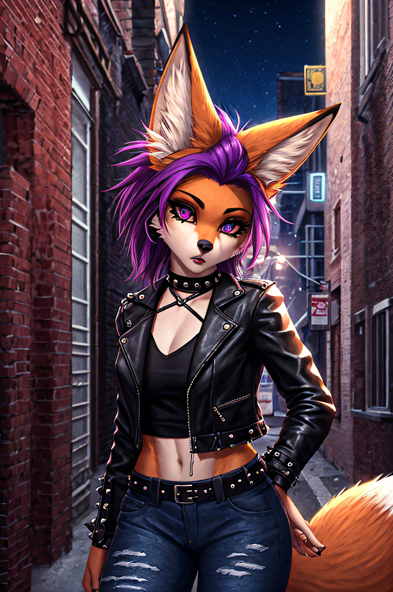 (ultra-realistic,highres,8k,best quality:1.2),vivid colors,beautiful detailed eyes,long eyelashes,fox girl,((fox snout,fox ears,orange fur,punk hair,goth style)),dark makeup,fierce expression,wild hair,earrings,leather jacket,distressed jeans,studded belt,combat boots,grungy background,edgy atmosphere,urban setting,nighttime lighting, purple highlights in hair