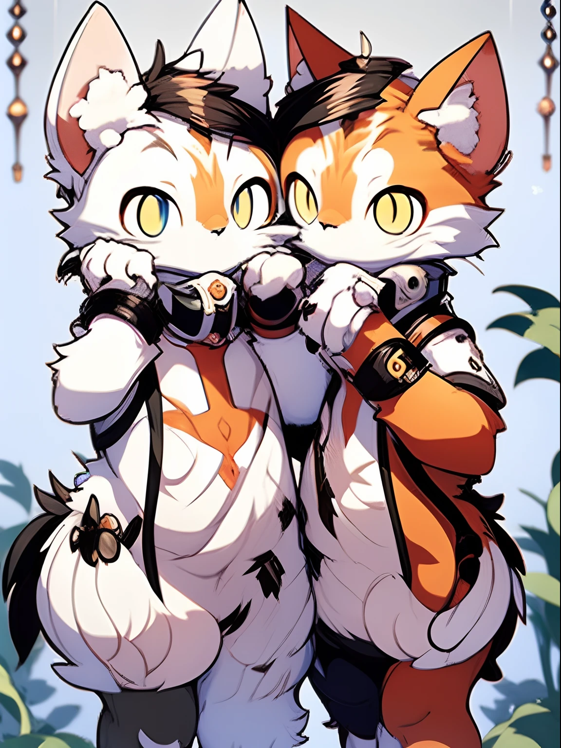 Anime - style picture of two cats hugging each other in front of a blue sky  - SeaArt AI