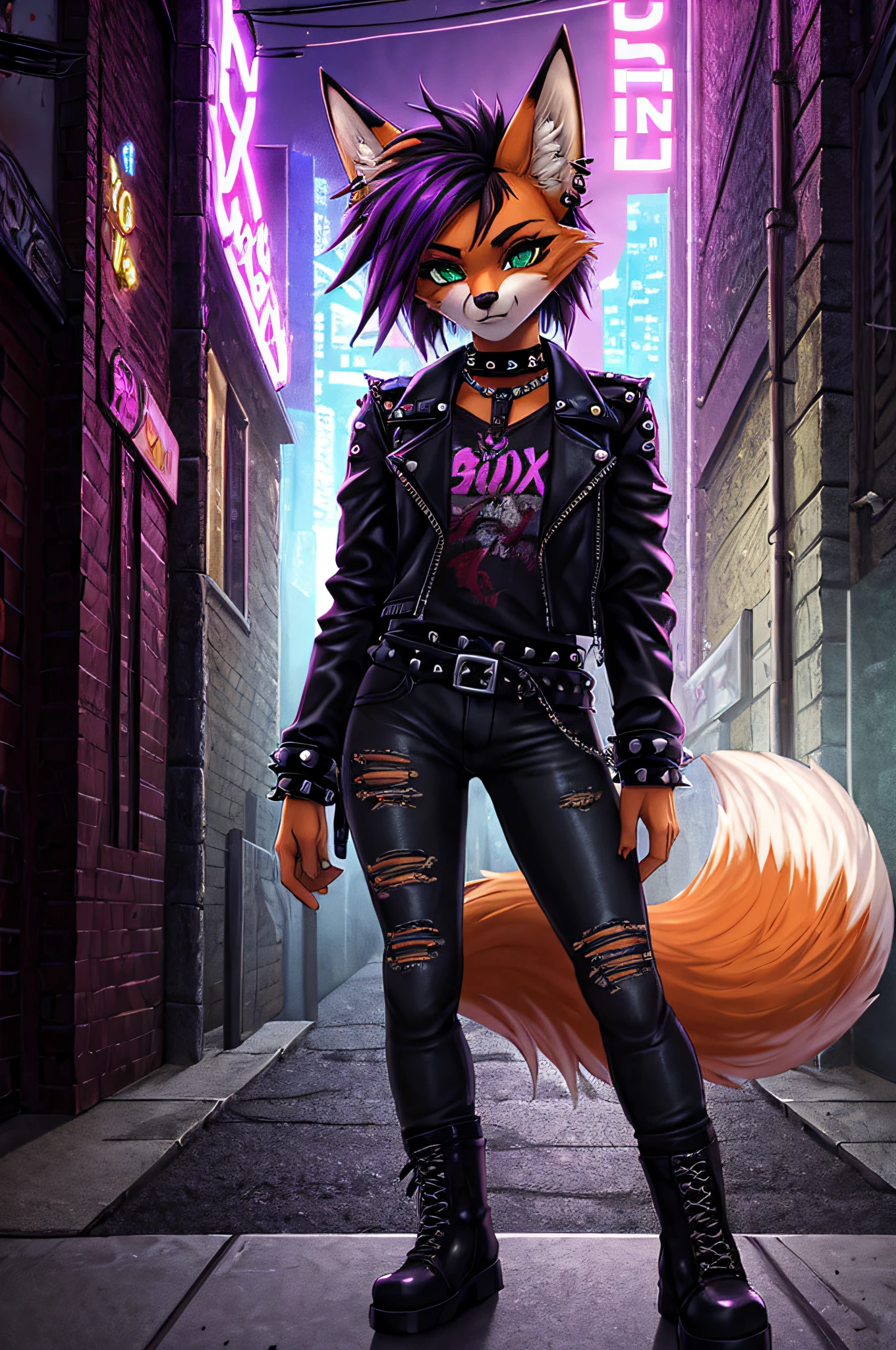 (ultra-realistic,highres,8k,best quality:1.2),vivid colors,beautiful detailed eyes,long eyelashes,fox girl,((fox snout,fox ears,orange fur,punk hair,goth style)),dark makeup,fierce expression,wild hair,earrings,leather jacket,distressed jeans,studded belt,combat boots,grungy background,edgy atmosphere,urban setting,nighttime lighting, purple highlights in hair, green eyes