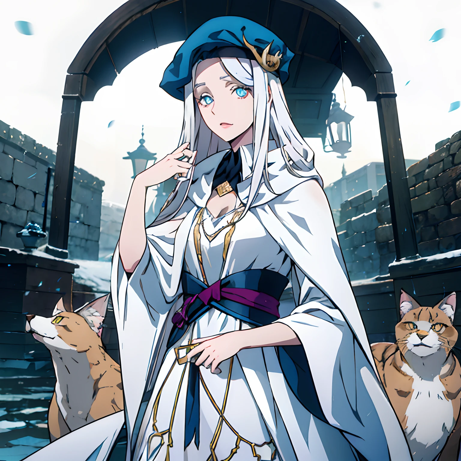 White haired girl, white cat ears, Wearing a white witch's hat, blue colored eyes