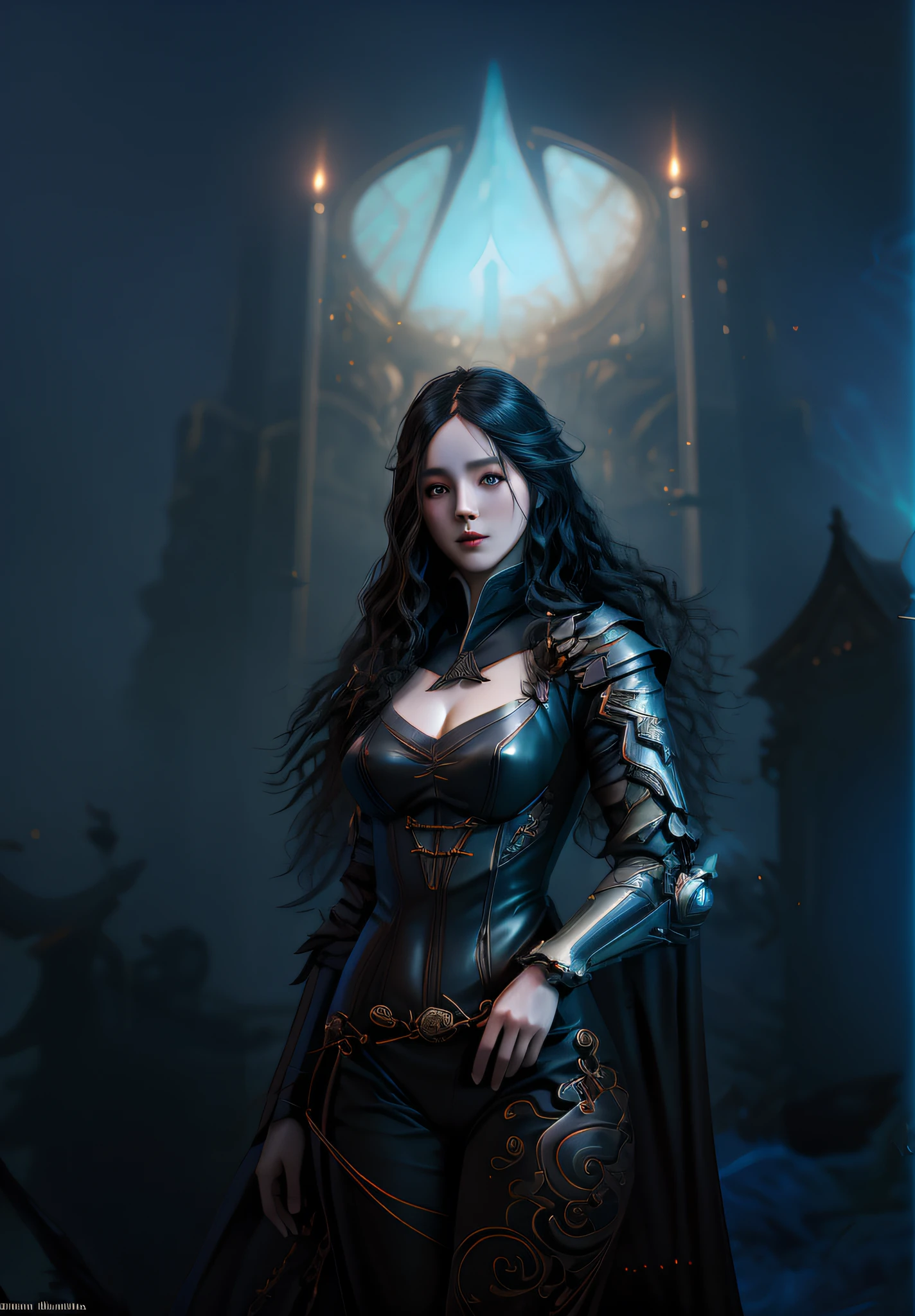 A woman in a futuristic costume stands in the firelight,（absurderes，A high resolution，ultra - detailed），1womanl，a matural female，Older age，wavy and long hair，auburn hair，Coral-colored eyes，Delicate eyes and delicate face， Alice X. zhang, Yennefer, by Yang J, inspired by Leng Mei, Artgerm and Ruan Jia, Ruan Jia and Artgerm, yennefer of vengerberg, Fantasy art style, queen of the sea mu yanling，European and American style，Magic