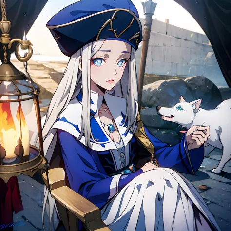 Garota de cabelos brancos, orelhas de gato branca, Wearing a white witch's hat, olhos azuis