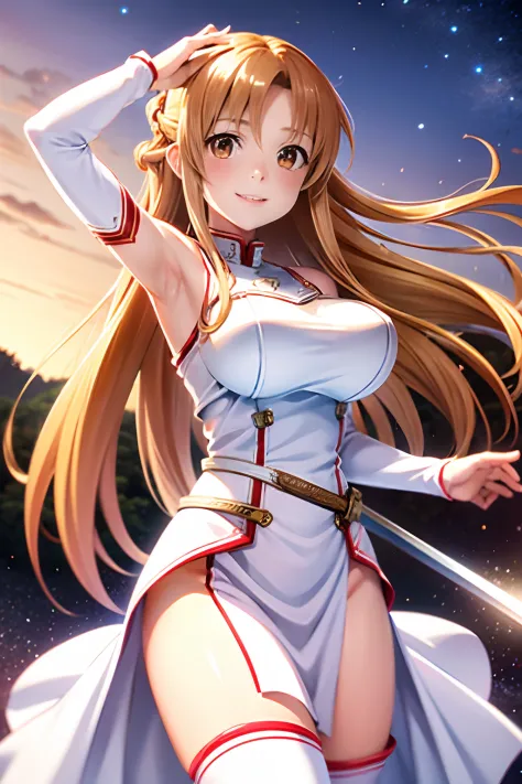 big breasts asuna，light smile，raised sexy，the sword，holding a weapon，white dresses，armour，floating hair，red skirt，with a sword，a...