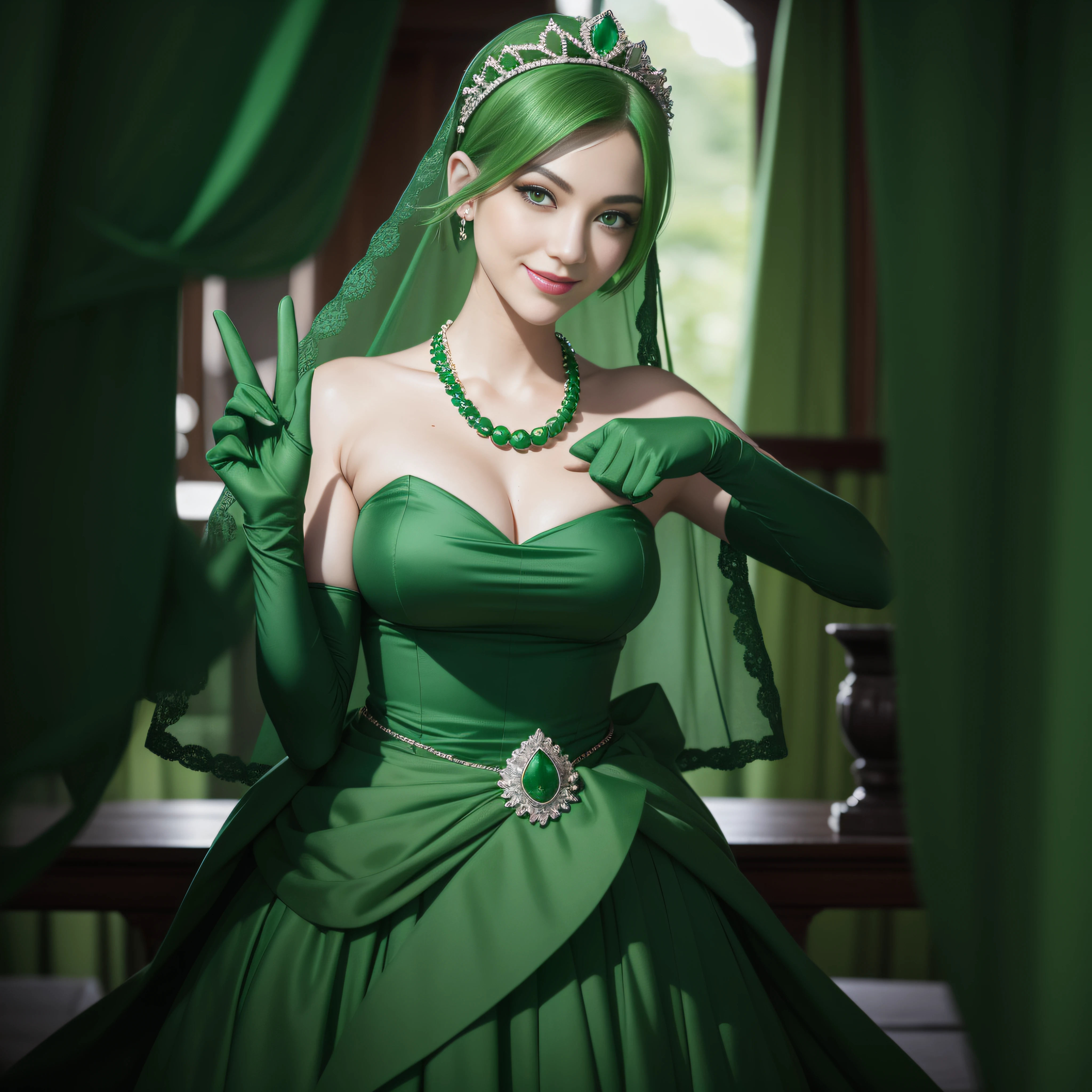 emerald tiara, Green Pearl Necklace, Boyish very short green hair, lipsticks, Japan woman smiling, very short short hair,  big breasts beautiful, Green eyes, Long green gloves made of satin material, Green eyes, Emerald Earrings, green vale, v sign