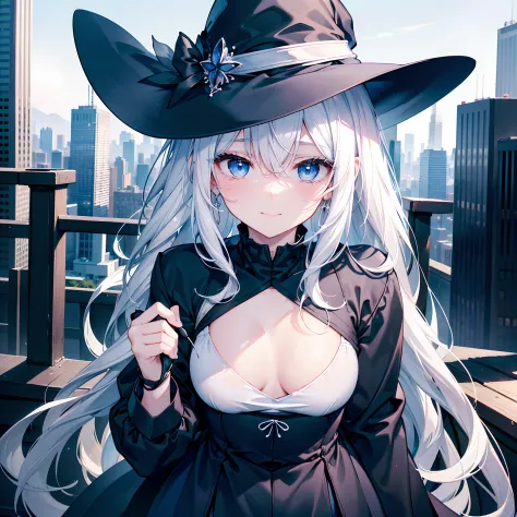 This is the rooftop of a skyscraper in the middle of the night、You can see the Metropolitan Expressway and buildings in the background、Photograph her from an angle of 45 degrees above、One 27-year-old woman with small breasts、She wears a large black witch h...