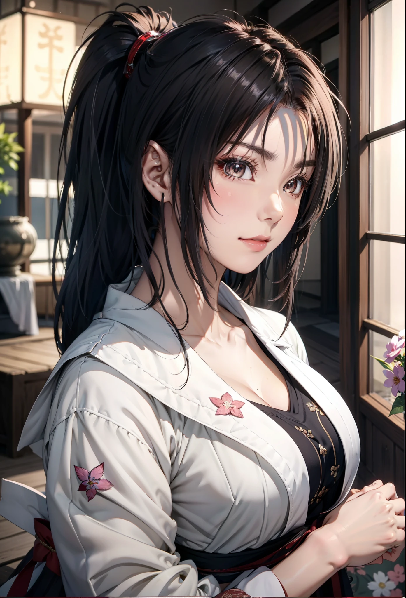 女の子 1 人、top-quality、Photorealsitic: 1.37、超A high resolution、​masterpiece、outside of house、Detailed eye、Nice eye makeup、authentic skin、perfect anatomia、short-hair、(pureerosface_v1:0.8)、A detailed face、bath robe、fair、kyoto、festival、Fans、Black Hair Ponytail、by night、