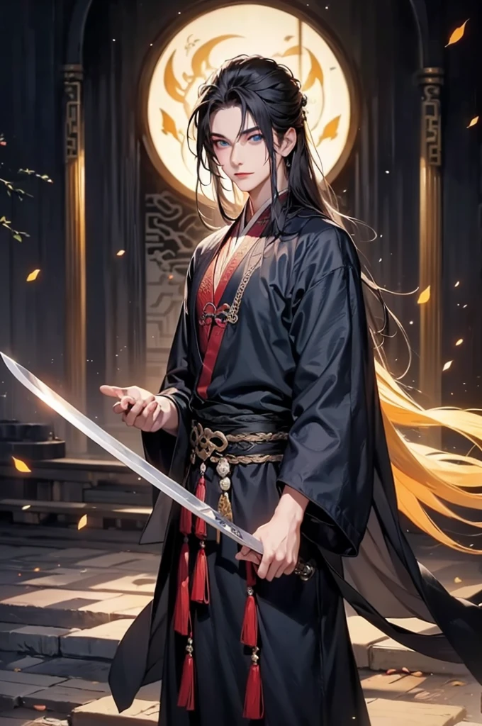 1 boy holding a book in his hand, cabelos preto e longos，Outfit in black，独奏，（the night：1.2）long whitr hair, Blue eyes,Chinese folk tales，swordsmen，