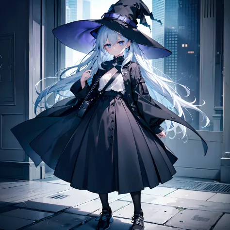 This is the rooftop of a skyscraper in the middle of the night、You can see a lot of buildings behind you、Photograph her from an angle of 45 degrees above、One 27-year-old woman with small breasts、She wears a large black witch hat with gemstone sapphire acce...