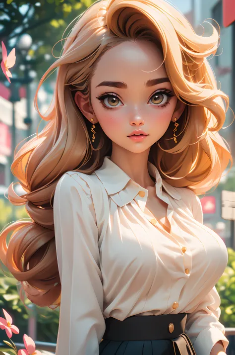 Top quality, 1girll, (The skin is hollow), (Large of breast), (day), Bright, Background blur, Outdoors, (street:0.6), (Hair:1.5), (blouse:1.5), Gorgeous, (Hair float:1.5), Soft light, Wind, sonoko, street
