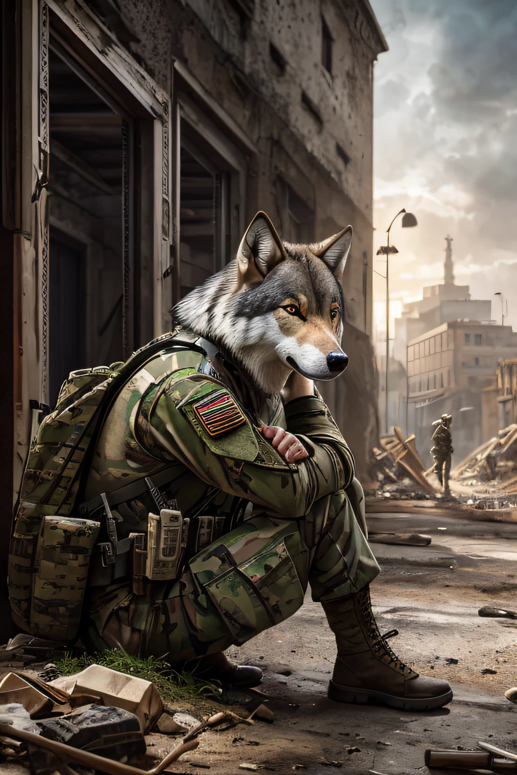 photorealistic RAW portrait, anthropomorhic wolf in army uniform, hunched in corner, lost in melancholy, dingy deserted building background,Hyperrealistic, splash art, concept art, mid shot, intricately detailed, color depth, dramatic, 2/3 face angle, side light, colorful background,Unreal Engine 5",