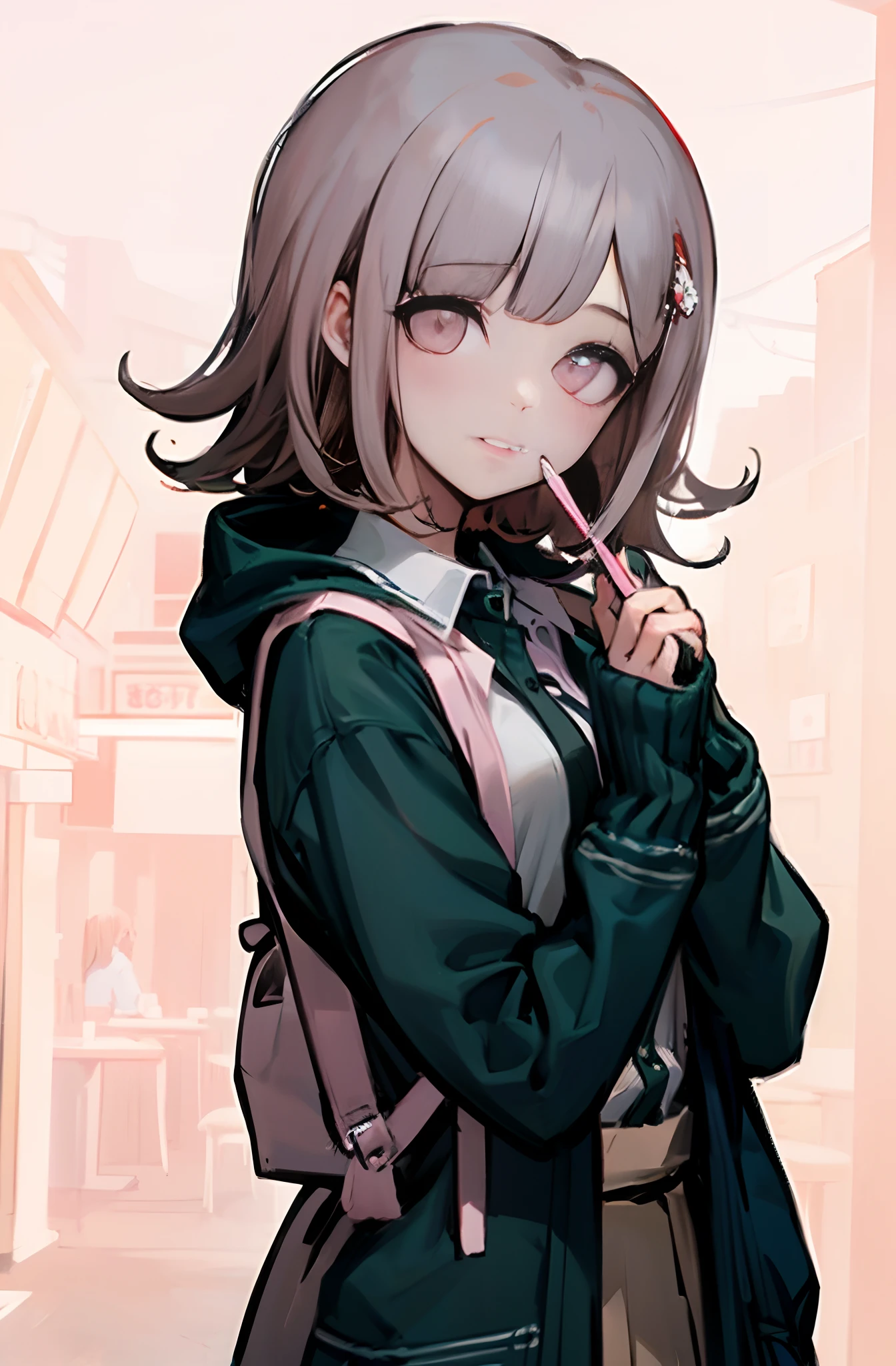 Chiaki Nanami in einem Restaurant beim Essen, während sie den Betrachter ansieht, Meisterwerk, Die beste Qualität, 4k, 8k, 1 Mädchen, kurzes Haar, Hellmauve Haare, die leicht nach außen locken, obwohl die Strähnen an beiden Seiten ihres Gesichts nach innen gelockt sind, Blumen mit rosafarbenen Augen, Weißes Hemd mit Knöpfen und einem dunkel türkisgrauen Vorderteil, hellbeiger Plisseerock, Dunkel türkisgraue Kapuzenjacke mit einem Knopf, den Betrachter anschauen,PLUS_Einzelheiten:-1, PLUS_Einzelheiten:0, PLUS_Einzelheiten:0.5, PLUS_Einzelheiten:1, PLUS_Einzelheiten:1.5,Chiaki Nanami, Nanami Chiaki, ((Restaurant-Hintergrund:1.7 )) ((sanftes Lächeln:1.3)) ((Romantische Aura:1.4))