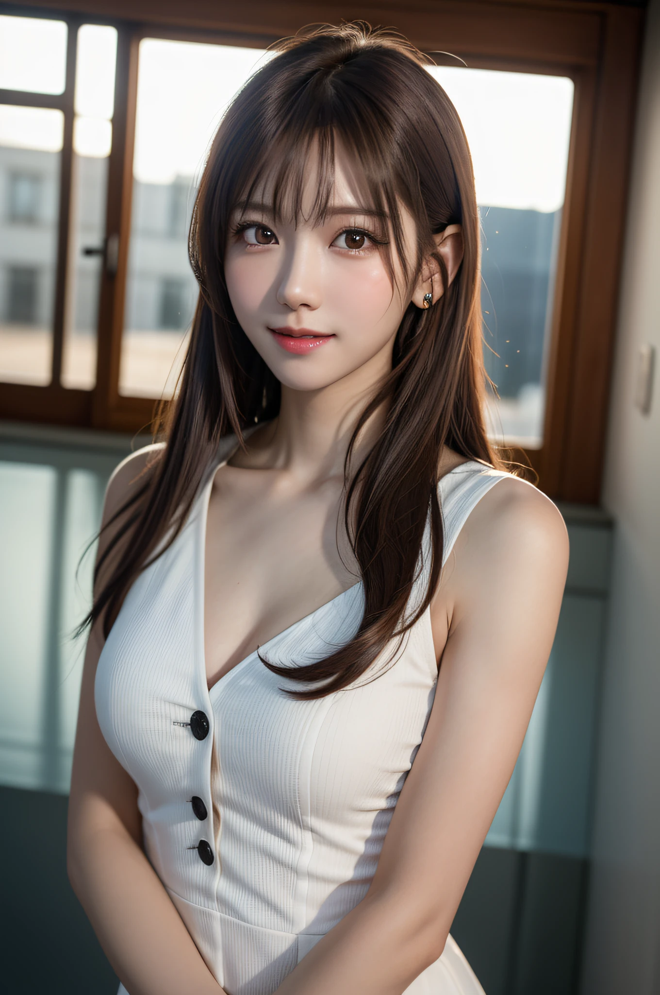 White see-through blouse,Face Interview, (Photo Real:1.4), (hyper realisitic:1.4), (realisitic:1.3), (Smooth lighting:1.05), (Improve video lighting quality:0.9), 1womanl, a 20 yo woman, Realistic lighting, Back lighting, Facial light, raytrace, (cheerfulness:1.2), (Improved image quality:1.4), (Finest Real Textured Skins), finely eye, a small face, Red cheeks, skinny body, medium-breasted pointed jaws,,,,,,, Korean Idol, Nogizaka Idol, glowy skin, hposing Gravure Idol, P, Blunt bangs, light brown hair, hair behind ear, hair over shoulder, Long hair,Tear bag，。Kuroko under the eyes、Old Western-style building、