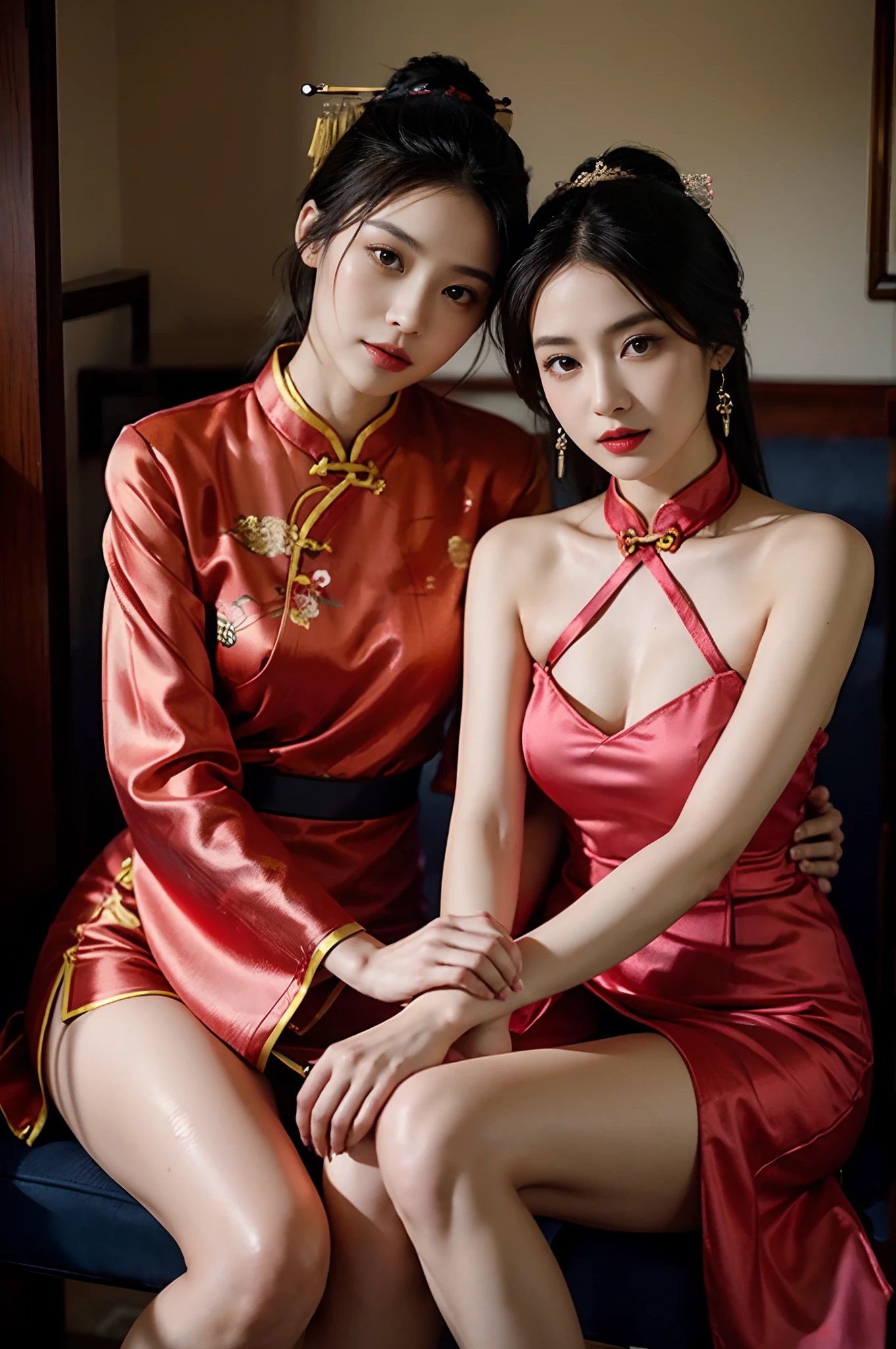 high-level image quality、Like a shot with an SLR、Sensual body,thighs、slit、Painting a work of art depicting two women in a traditional cheongsam sitting together,duo,leering:1.3,Chinese hair ornament:1.4,Chinese hairpins:1.4,Chinese hairsticks:1.4