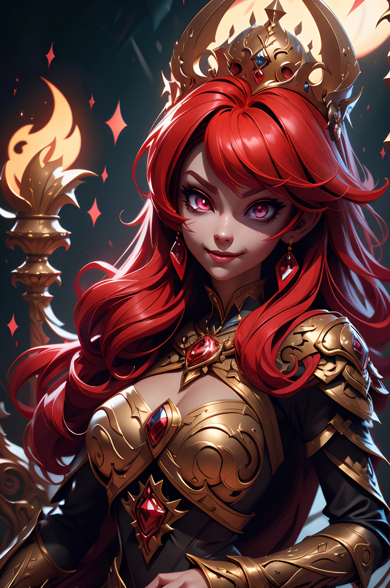 The Dark Princess of Blood-Eyed, Red hair, crown, Evil smile, Anime style, Lens flare, High detail, first person perspective, Cinematic lighting, Masterpiece, Super detail, Best quality, 8K, hyper HD