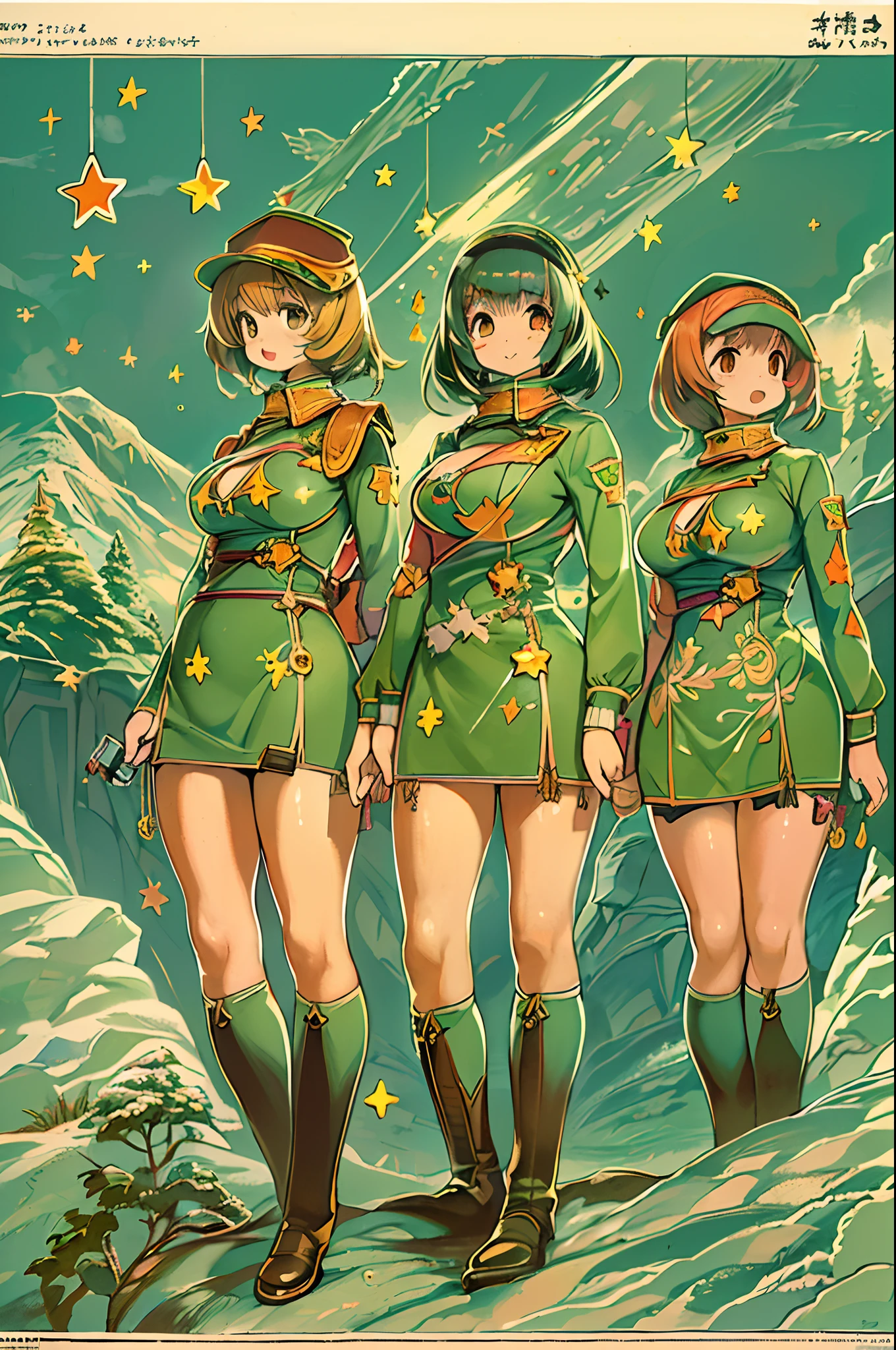 (masutepiece), (Best Quality), (Best Detail), (Distant general perspective), (Edge Wear Paper),(The main color of the illustration: jade green), (Secondary color: cinnamon), Group of very beautiful schoolgirls with sexy posture, Very detailed face, Vintage advertising poster with futuristic style letters 60', Western futuristic landscape, Night (many stars, Moon), shading (Detailed, A lot of contrast)