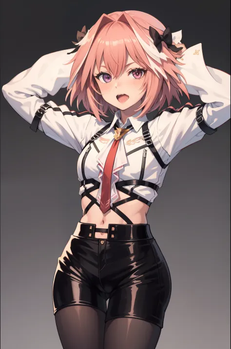 absurdres, masterpiece, best quality, (astolfo fate:1.2155), 1boy, male focus, solo, trap, pink multicolored hair, pink hair, white hair, hair intakes, long hair, pink detailed eyes, crossdressing, black panties, exposed navel,cowboy shot,white shirt, pant...