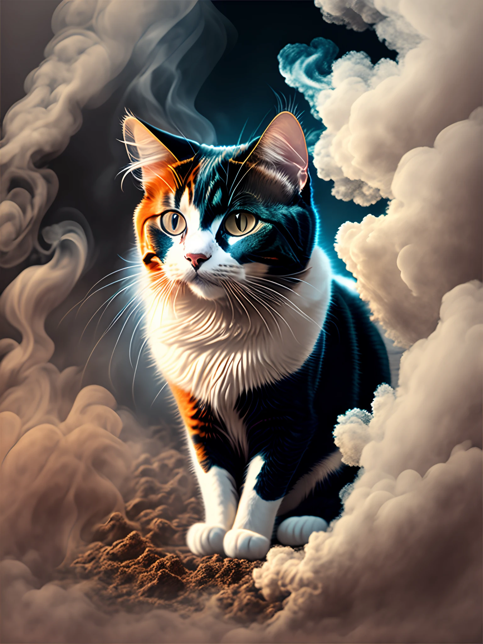 Painting Of A Cat Sitting In The Clouds With A Dark Background - Seaart Ai