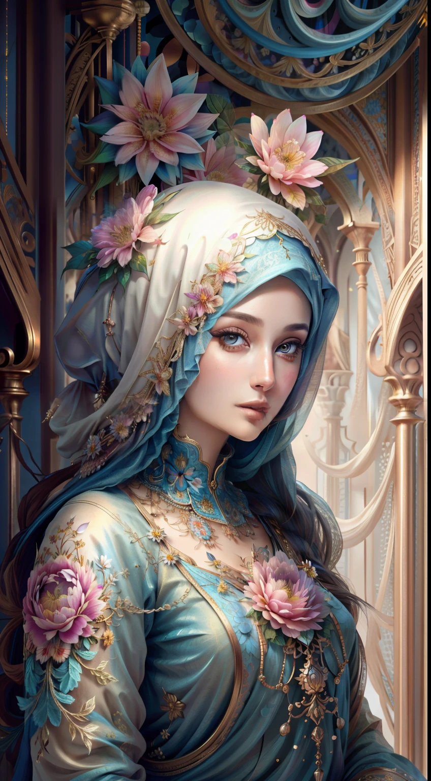 hijabi, (Masterpiece, Top Quality, Best Quality, Official Art, Beautiful and Aesthetic: 1.2), (1 Flower), Upper Body, Extremely Detailed, (Fractal Art: 1.3), Colorful, Most Detailed