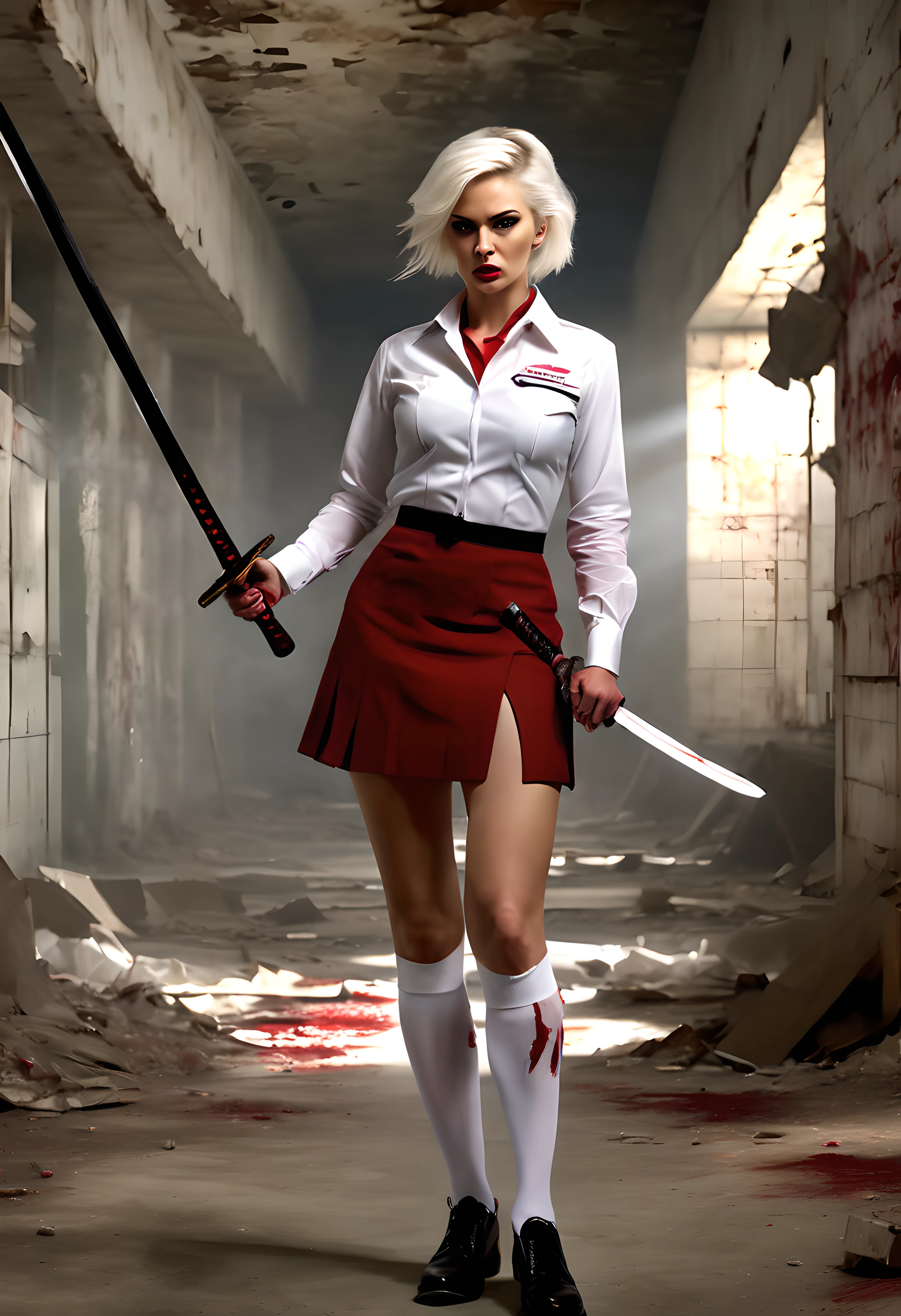 stewardess, weapons and equipment, white stockings, Holding a katana, Wear a short skirt, The shirt was stained with blood, In an abandoned underground garage, Double up braid, White hair, Glaring, Angry, Screaming, projected inset, character sheets, surrealism, Interior architecture, Realistic phoenix, hyper HD, Masterpiece, Best quality, 4K