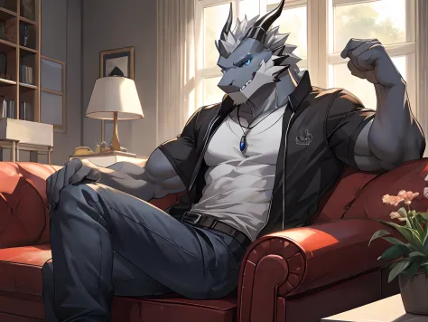 Masterpiece,Cool Pose, Furry Gray Dragon, Muscular Body, Blue Eyes, Grey Medium Hair, Teeth, Casual Set, Casual Clothes, Fierce, Good looking, Cool Pose, Living Room Background.