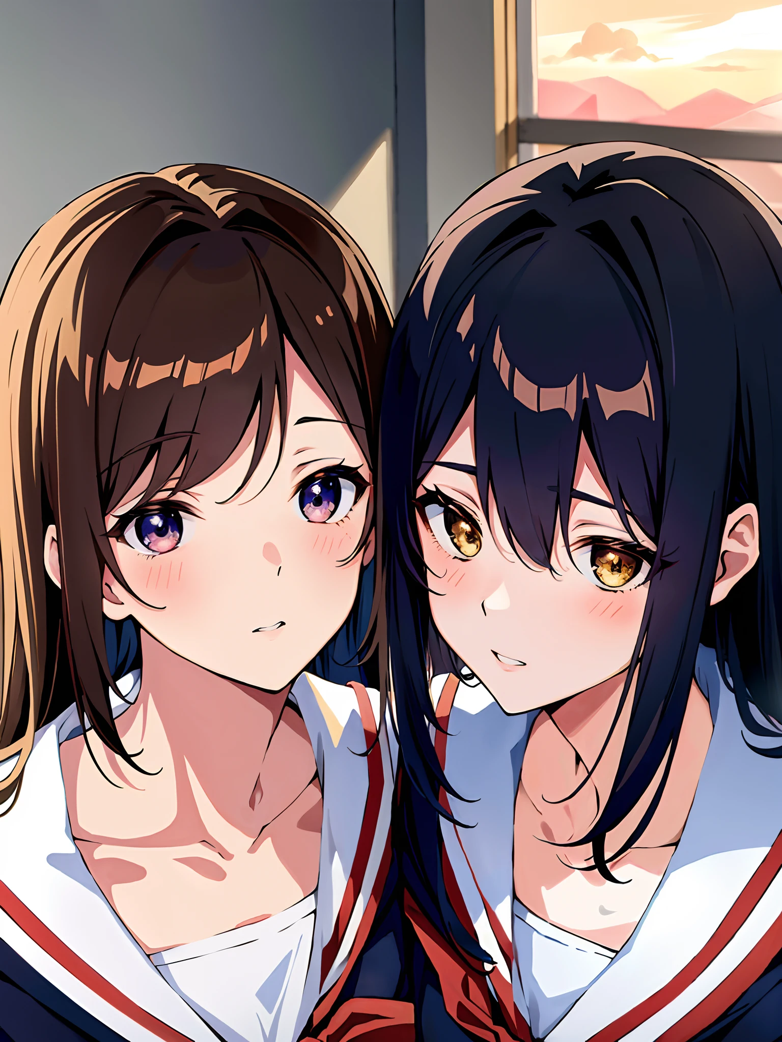 (best quality masterpiece:1.2) 8k (detailed shoujo manga style:1.4) 2girls, beautiful, absurdres, school uniform, yuri, serafuku, eye contact, school window sunset lighting