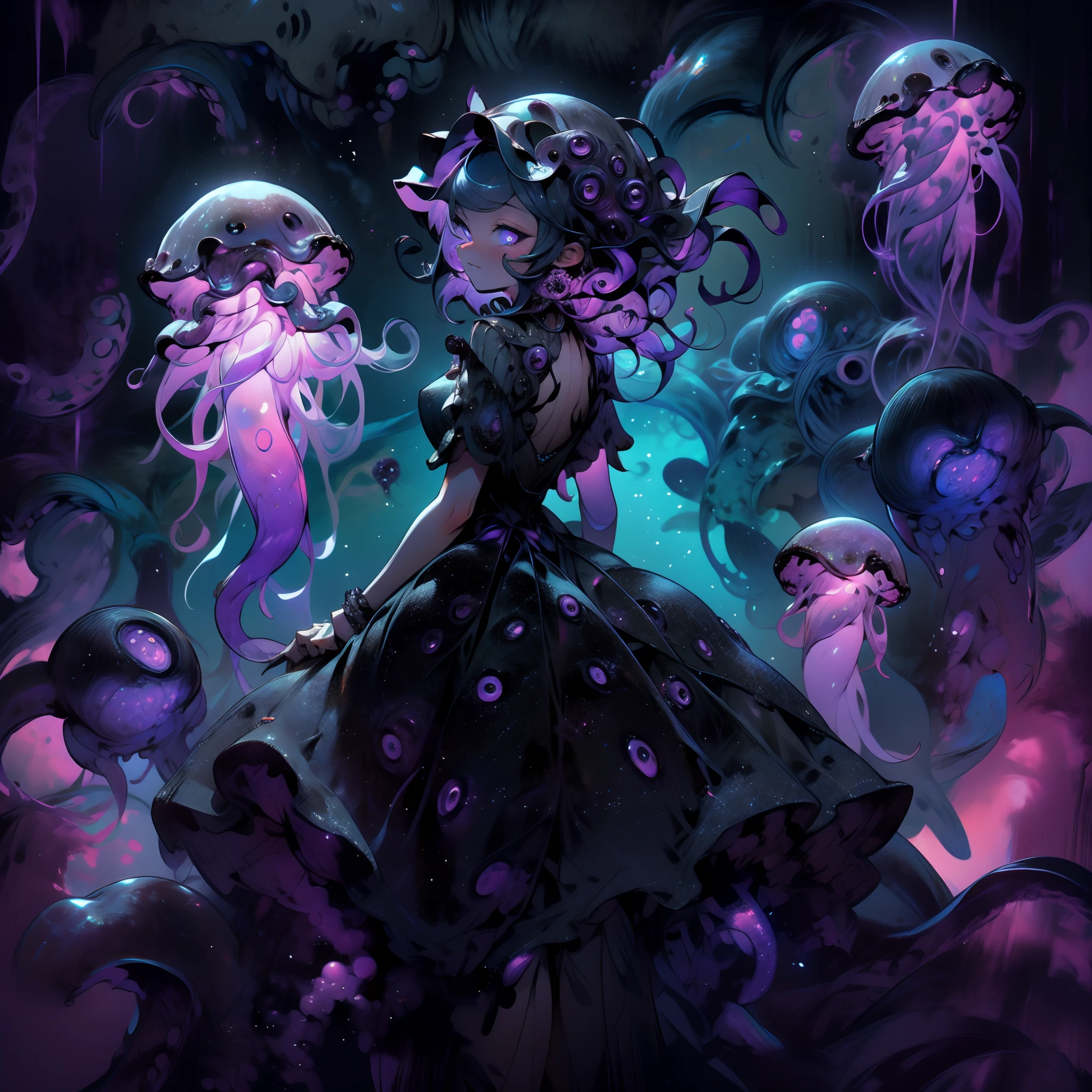 A girl wearing a jellyfish dress. A black jellyfish and a purple glow. Black tentacles lined with purple luminescent bodies. Deep sea.