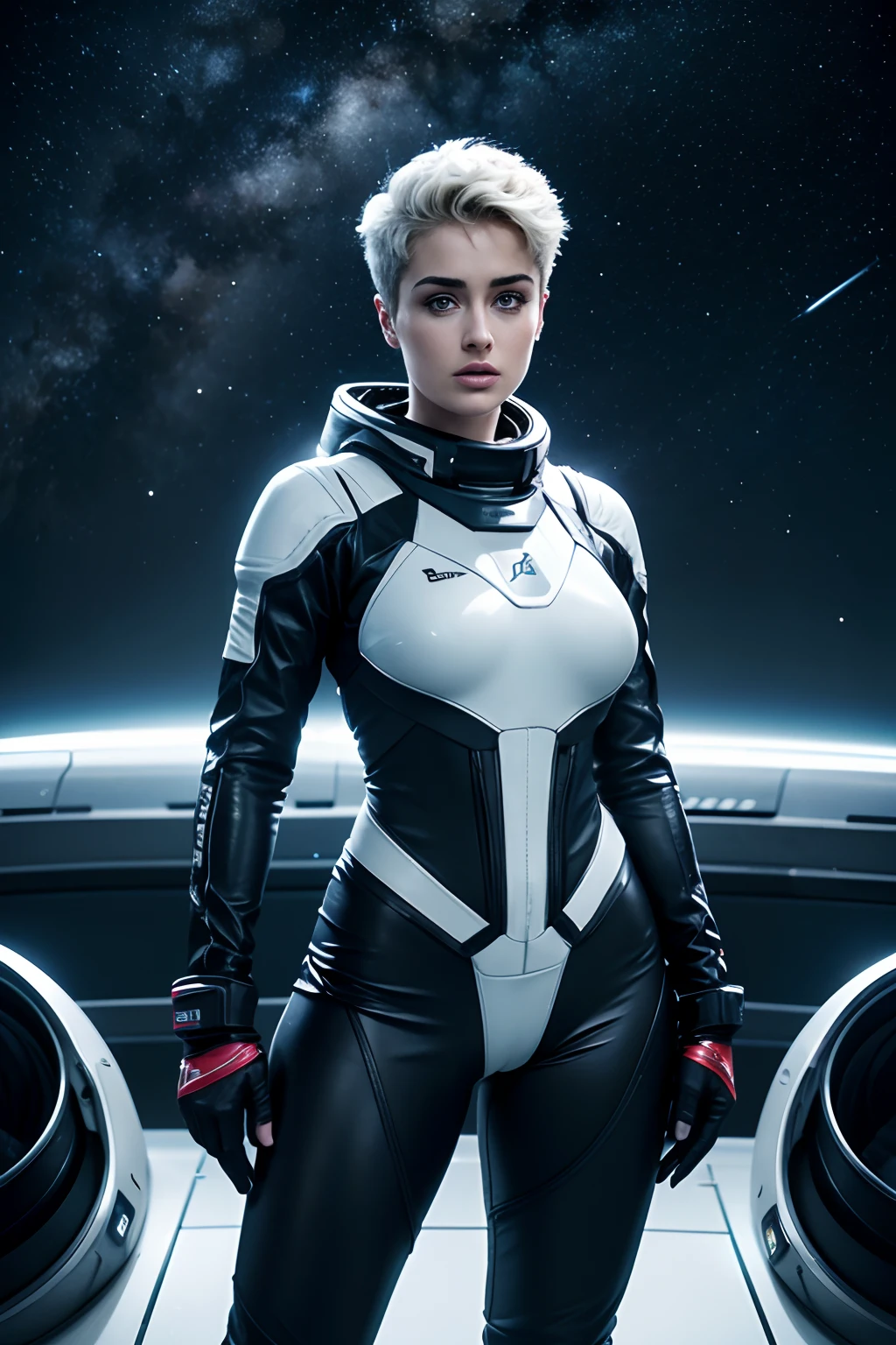 A woman in a futuristic suit standing in front of a spaceship - SeaArt AI