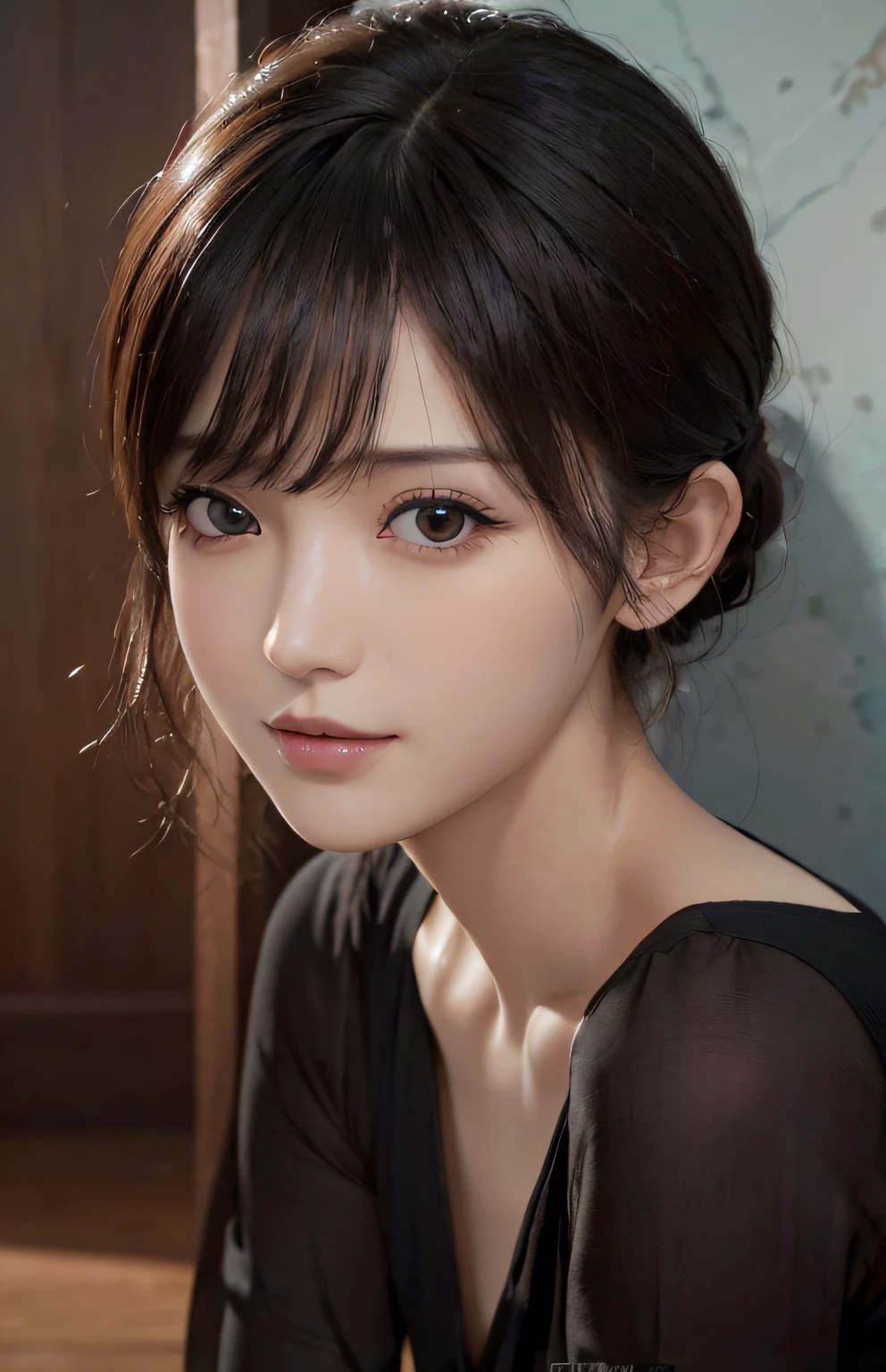 (A hyper-realistic)、(hight resolution)、(8K)、(ighly detailed)、(beautifully detailed eyes)、(top-quality)、(Ultra-detail)、(​masterpiece)、(wall-paper）、（A detailed face）、solo、1、Almond eyes 、looking at viewert(Facing the other side)、fine detailed、A detailed face、(Skinny face:1.1)、a small face、in the darkness nigth、deep-shadows、oval-face(Inverted triangle face)、lowkey、(pureerosface_v1:0.008)、(Shy smile:0.6)、Black Spiky Pixie 、46 point slanted bangs、super model