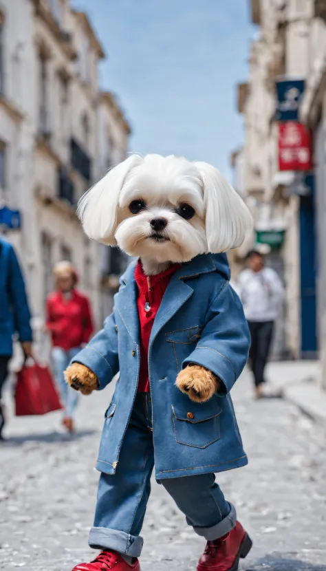A Maltese dog in a blue coat，Blue coat，denim pant，Red shoes，Walking upright on the street。Street photography，Fashionable outfits，anthropomorphic turtle。