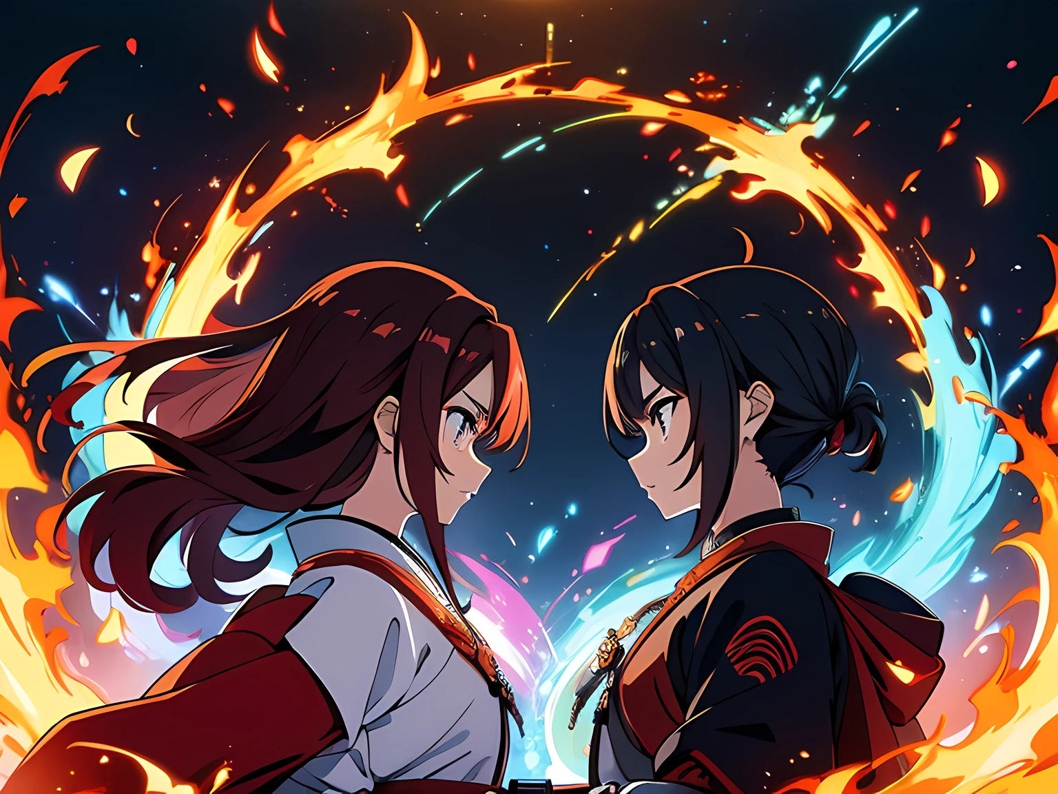 an intense battle of two samurai, showcasing their mastery of the blade, their sword have flames coming out from the sword, Swirling rainbows and lights on complex background, masterpiece, high-resolution, detailed eyes.