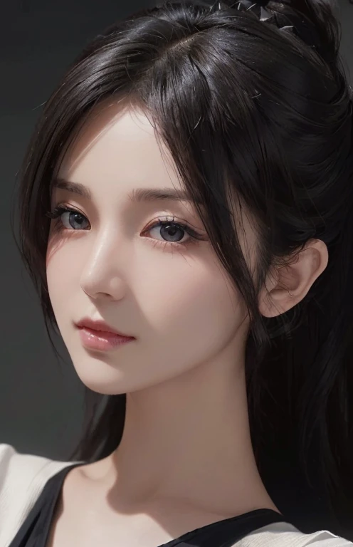 (A hyper-realistic)、(hight resolution)、(8K)、(ighly detailed)、(beautifully detailed eyes)、(top-quality)、(ultra-detailliert)、(​masterpiece)、(wall-paper）、（A detailed face）、独奏、1、Almond Eyes 、looking at viewert(Facing the other side)、fine detailed、A detailed face、(Skinny face:1.1)、a small face、in the darkness nigth、deep-shadows、oval-face(Inverted triangle face)、lowkey、(pureerosface_v1:0.008)、(Shy smile:0.6)、Black Spiky Pixie 、46 point slanted bangs、super model