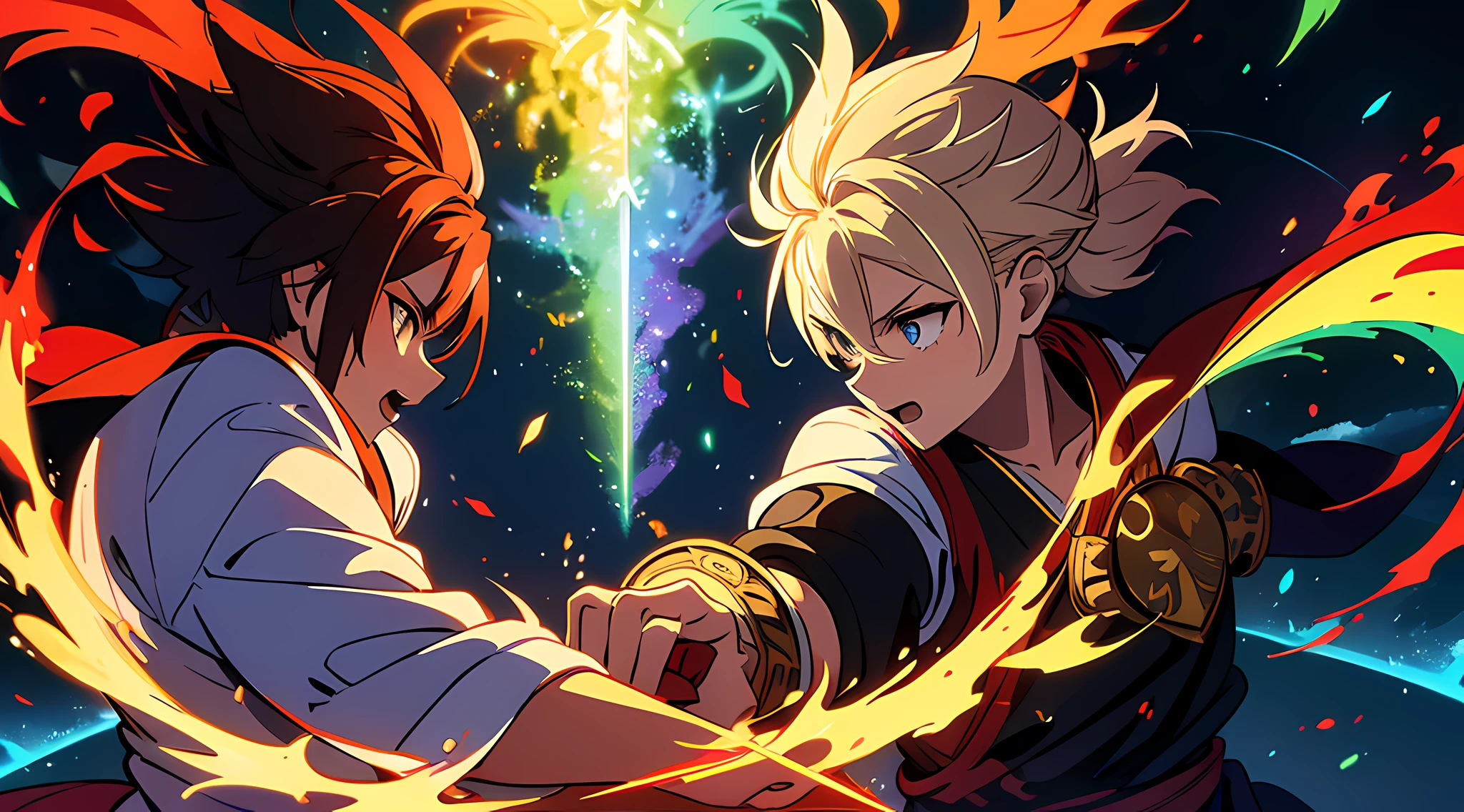 an intense battle of two man (samurai), showcasing their mastery of the blade, their sword have flames coming out from the sword, Swirling rainbows and lights on complex background, masterpiece, high-resolution, detailed eyes.