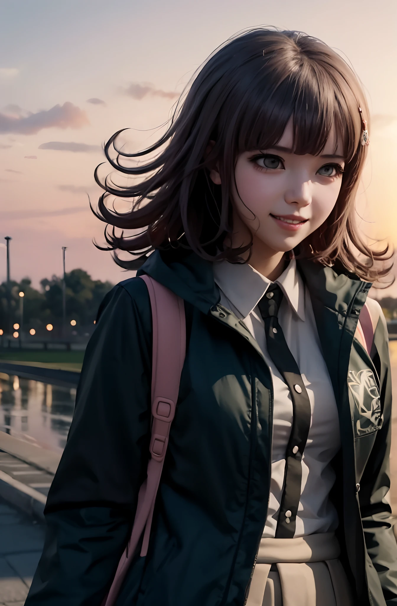 Chiaki Nanami de Danganronpa sonriendo mientras se toma de la mano con el espectador, Caminar uno al lado del otro en un parque durante la puesta de sol, naranjas y rosas de colores en el cielo, Ambientes y ropa finamente detallados, , jocundo, calmante, Hermoso momento, Arte digital, Pieza de portafolio de Artstation