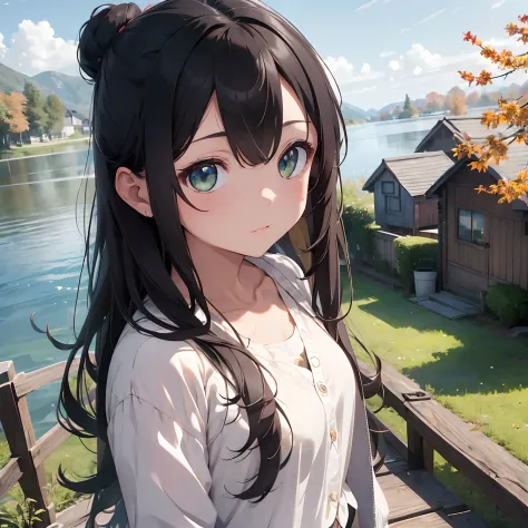 Long hair in two buns, Bangs up、Forehead is exposed.、Dark hair、Facing the front、Green eyes、one girls、Cardigan、Landscape with lakes、Autumn landscape、The upper part of the body、 Vibrant colors、Log Houses, Delicate drawing、 8K