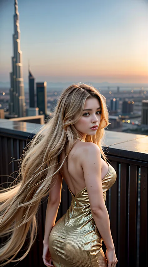 araffes in a gold dress standing on a rooftop overlooking a city, (Burj Khalifa in Dubai), beautiful blonde woman, beautiful blo...