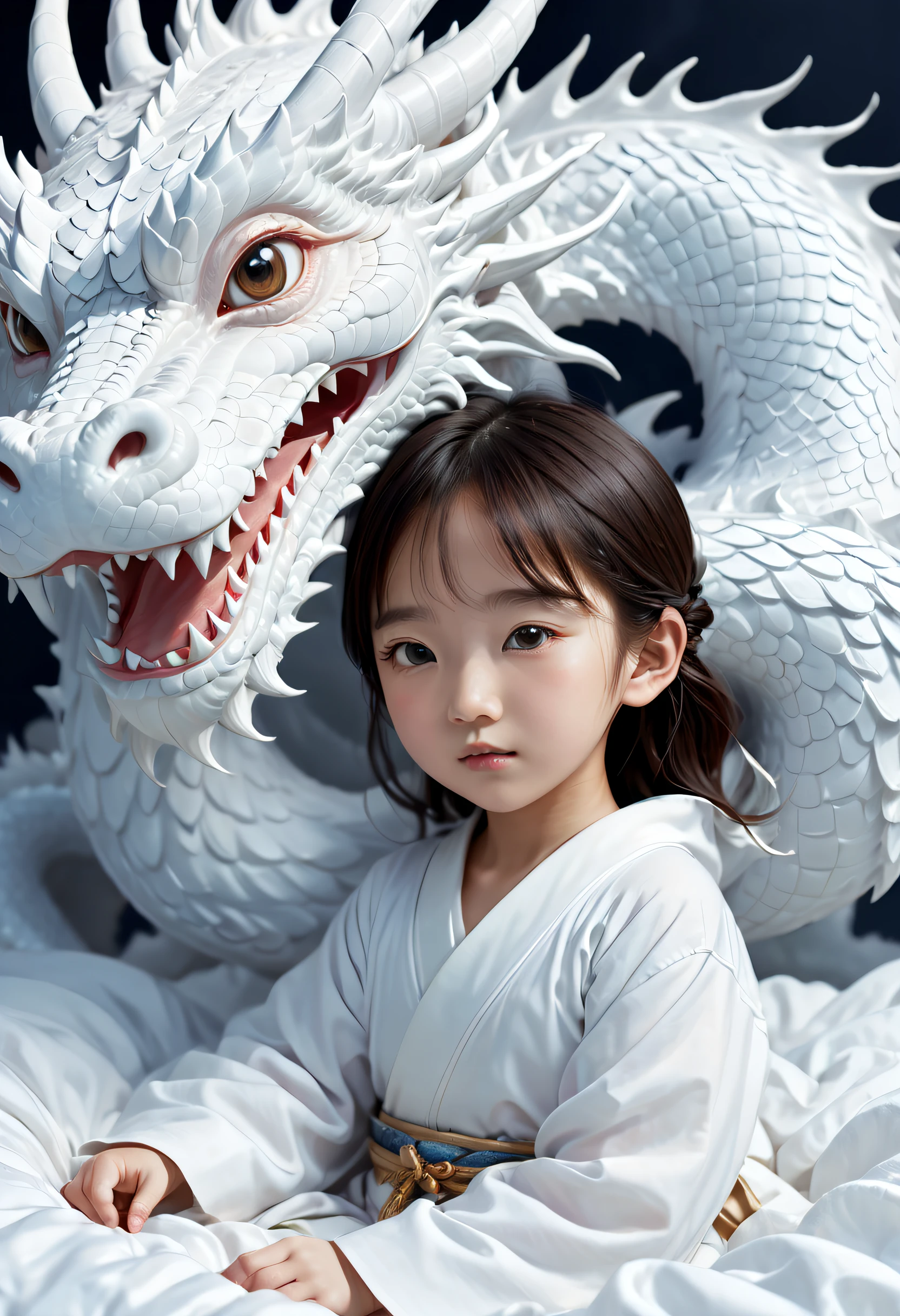 Junges asiatisches Mädchen mit Drachen von Ann Luo Blog, Ein zweijähriges chinesisches Mädchen,Schön, Gesicht rund,Auf einem weißen Drachenbett geschlafen, ein fotorealistisches Gemälde von Ju Lian, Gewinner des Shutterstock-Wettbewerbs, Fantasy-Kunst, ein Drache aus Wolken, chinesische fantasie, liegen auf weißen Wolken Märchenland，Kamerabild, Filmstil, Aufwendige und raffinierte Details, hohe Qualität，japanisches Mädchen，8k Auflösung, Fantasy-Illustrationen, Nahaufnahme, Illustrationen des Goldenen Zeitalters