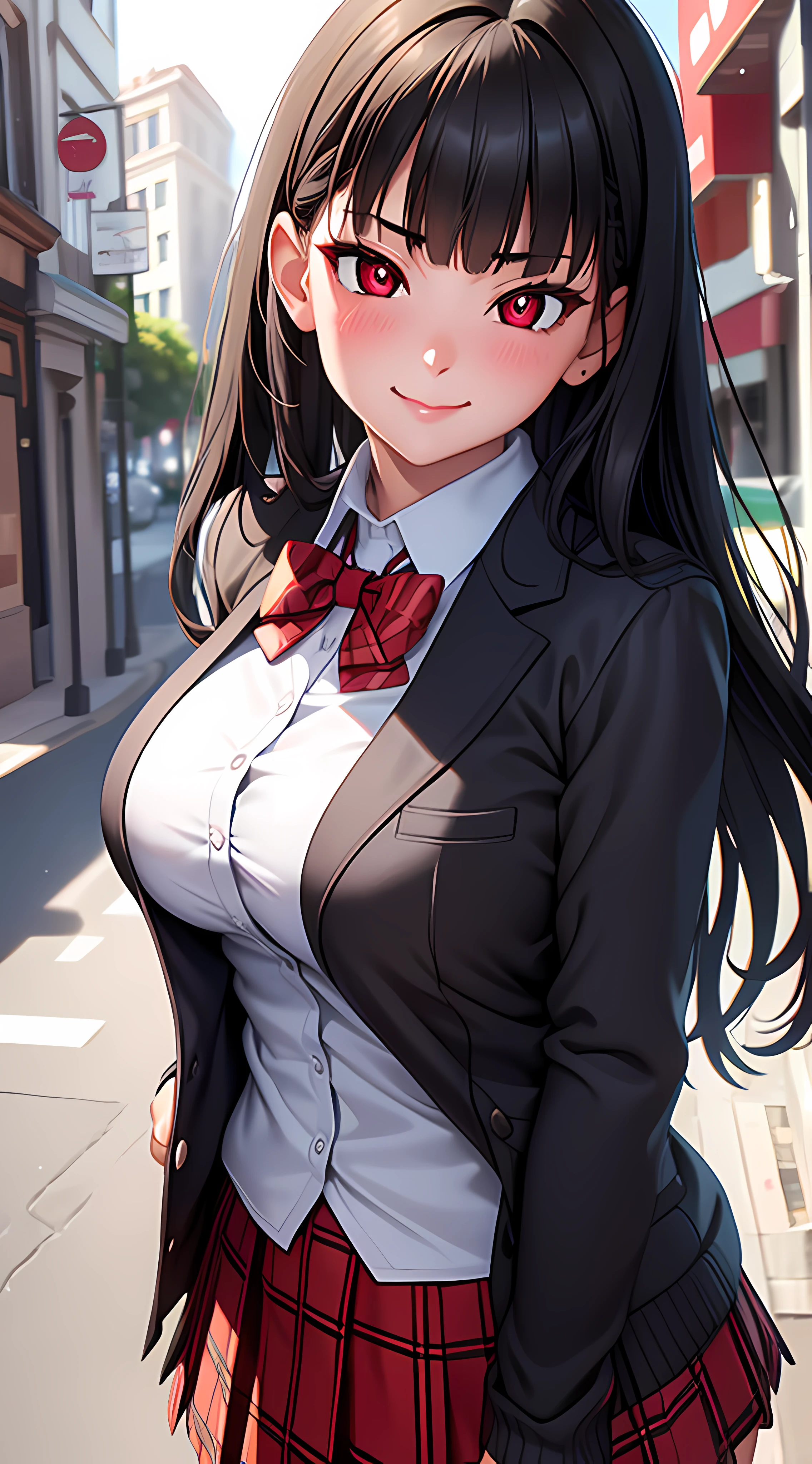 ((masterpiece, best quality, highres, UHD, perfect pixel, depth of field)), (smooth CG, photorealistic:1.1, realistic texture, detailed face), Rio, 1girl, medium breasts, seductive, busty, smile, natural light, cinematic, black hair, long hair, blunt bangs, (red eyes, beautiful pupils), (school uniform, cardigan, red bowtie, plaid skirt, black jacket), street view, dynamic pose, from below, pov, look at viewer, blushing