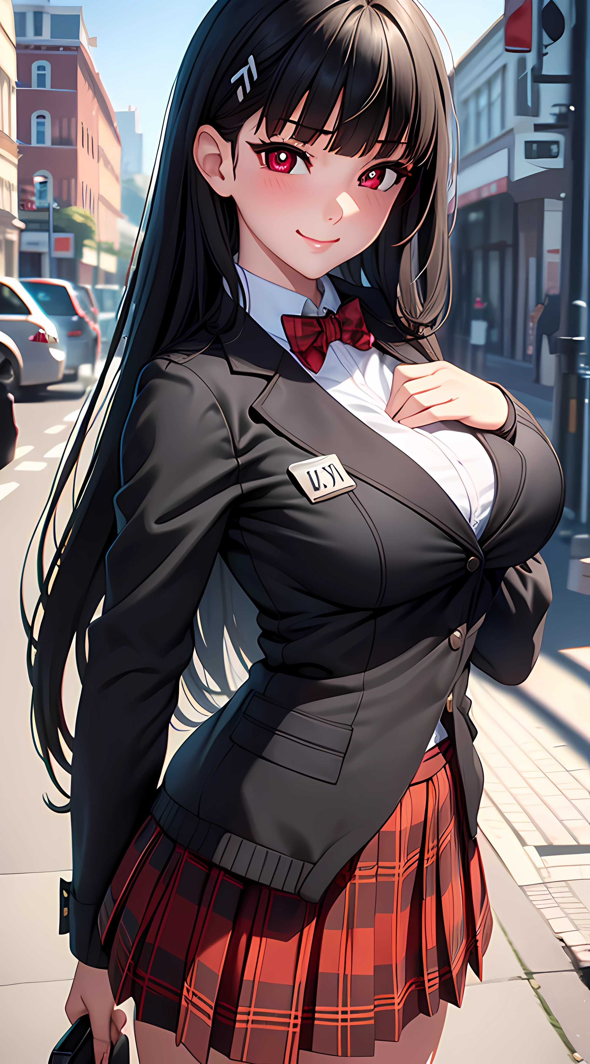 ((masterpiece, best quality, highres, UHD, perfect pixel, depth of field)), (smooth CG, photorealistic:1.1, realistic texture, detailed face), Rio, 1girl, medium breasts, seductive, busty, smile, natural light, cinematic, black hair, long hair, blunt bangs, (red eyes, beautiful pupils), (school uniform, cardigan, red bowtie, plaid skirt, black jacket, open jacket), street view, dynamic pose, pov, look at viewer, blushing