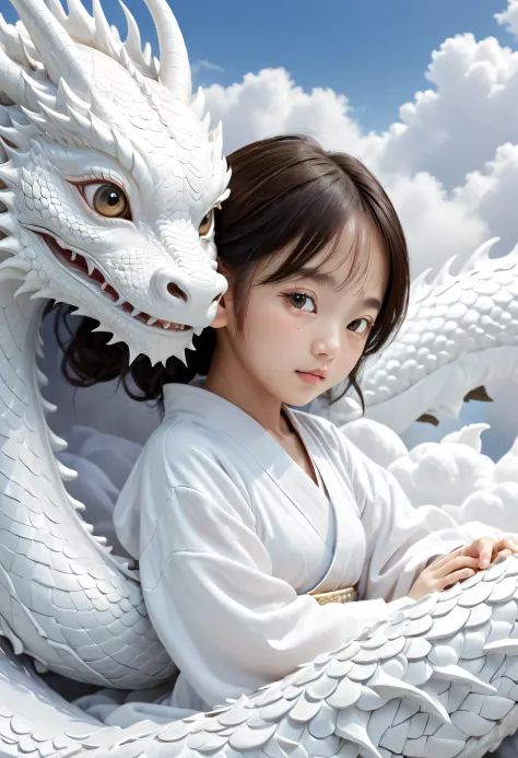Asian girl with dragon, A Chinese baby girl aged 3-6 years,Lovely, face round,Slept on a white dragon bed, a photorealistic pain...