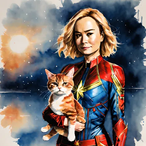 (goose cat and captain marvel:1.5), (marvel theme:1.5), (ink and watercolor painting:1.5), (tasteful:1.5), (ink and watercolor p...